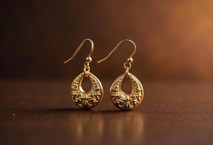 Luxurious Golden Earrings Over Brown Surface